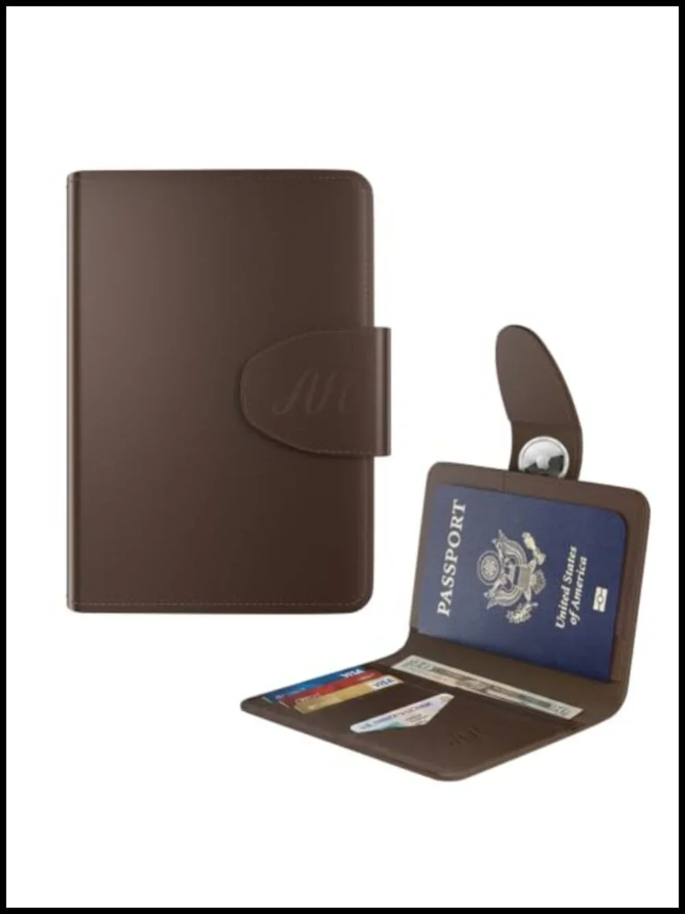 Genuine Leather Passport Holder with AirTag Slot, RFID Blocking Travel Wallet